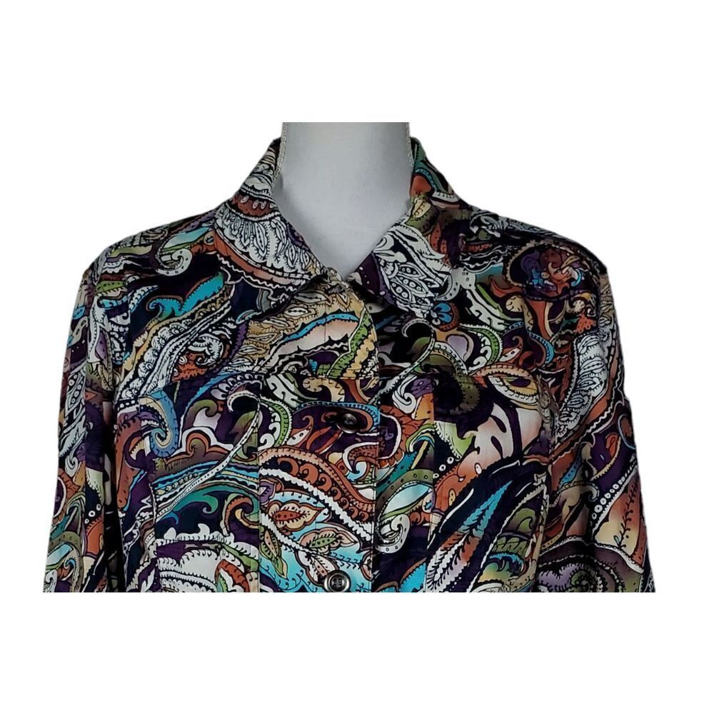 Chico's Jacket Size Extra Large Paisley Green Brown Artsy Boho Maximalist Fun - Picture 5 of 11